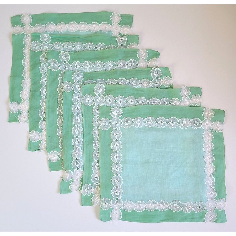 Vintage Green Linen Napkins Doilies White Floral Lace Embroidery Set Of 6
